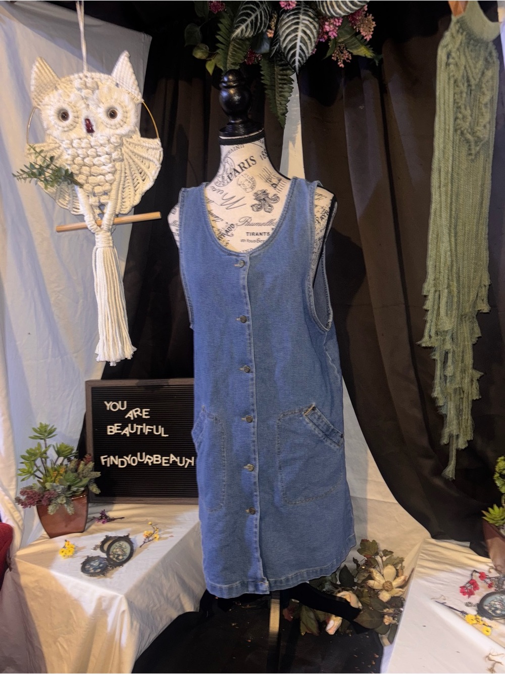 Sleeveless Button-Front Denim Midi Dress in Blue